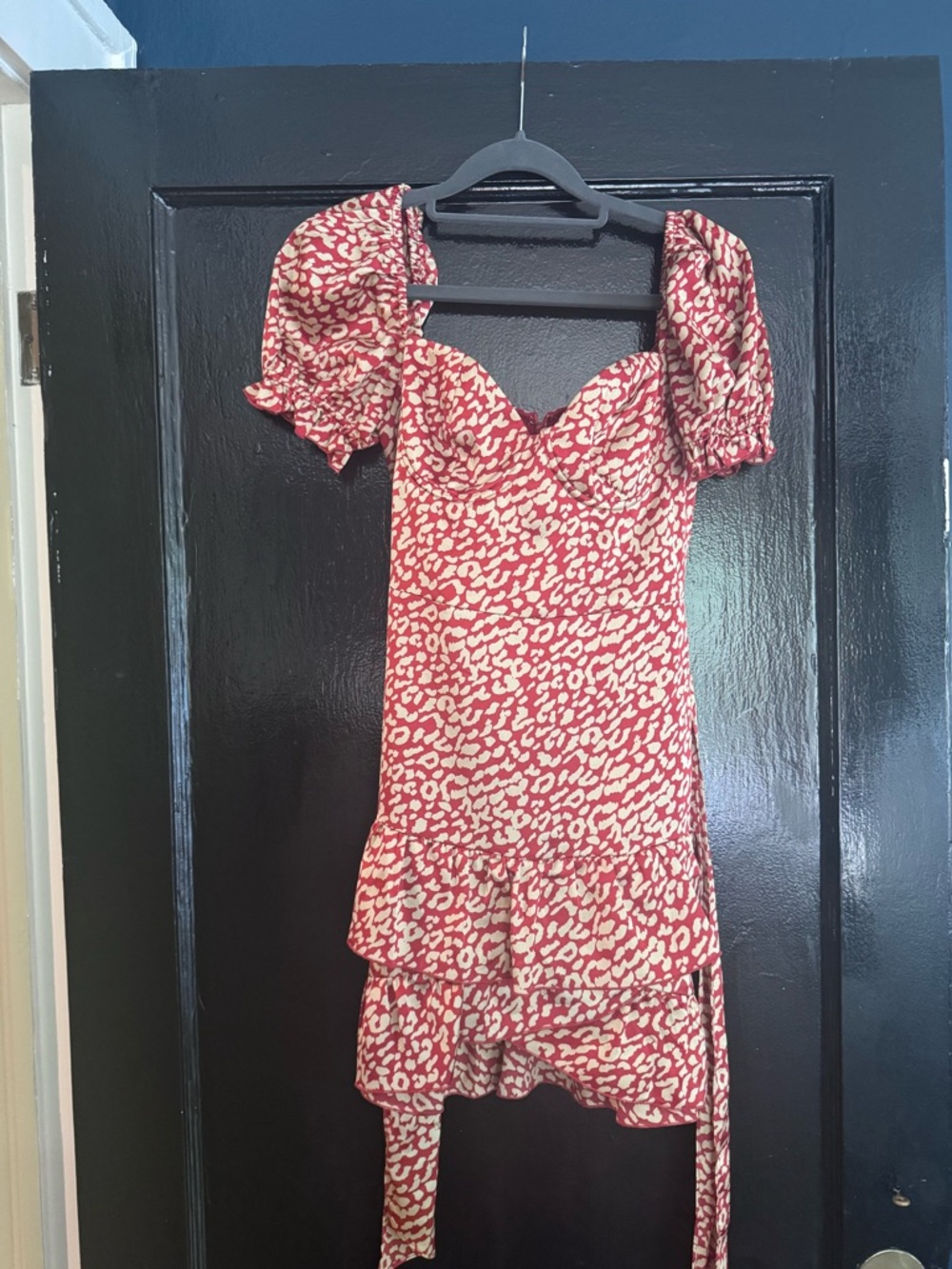 Red Printed Puff-Sleeve Tiered Dress
